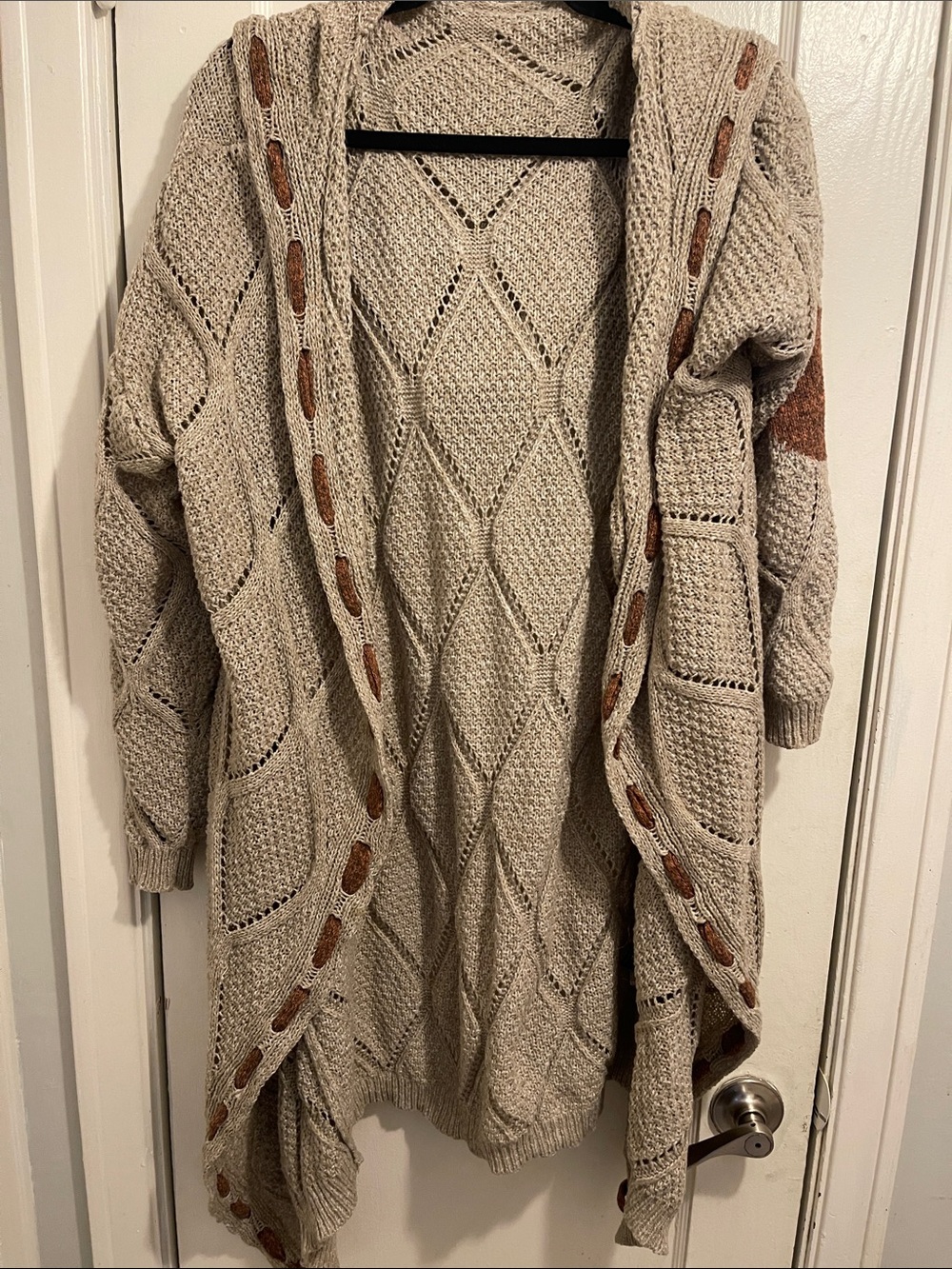 SHEIN Beige Crochet Hooded Cardigan with Brown Accent Stitching (item 75)